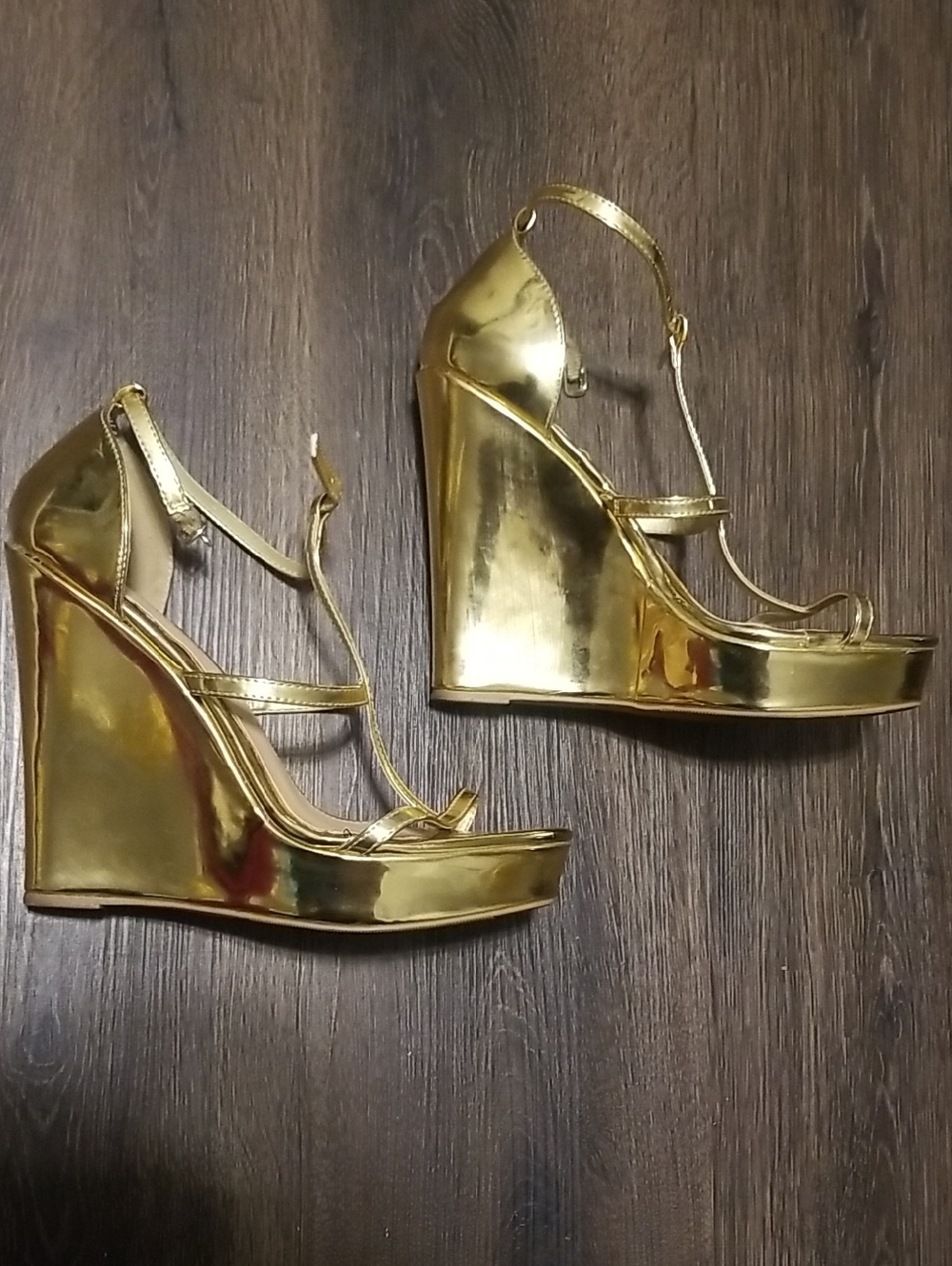 Gold Wedge Sandals for Women - Strappy Metallic Platform - Picture 3 of 12